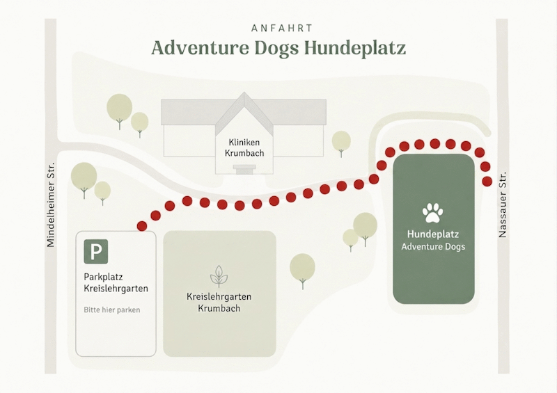Anfahrtsskizze zum Adventure Dogs Hundeplatz Krumbach – Parkplatz am Kreislehrgarten, Fußweg zum Trainingsplatz