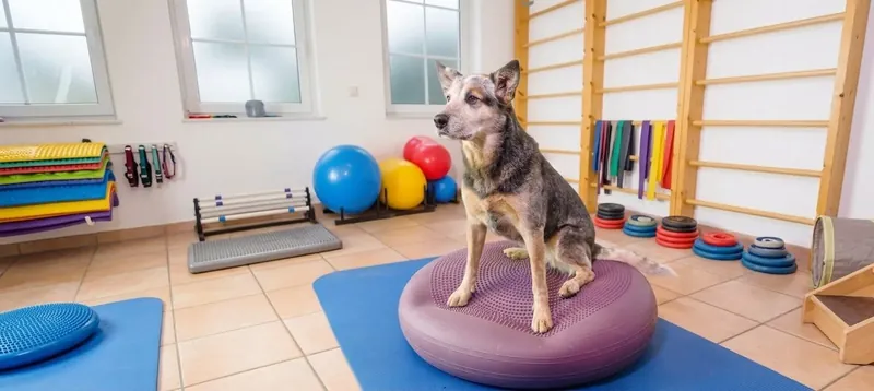 Hund auf Balance-Kissen in der Physio