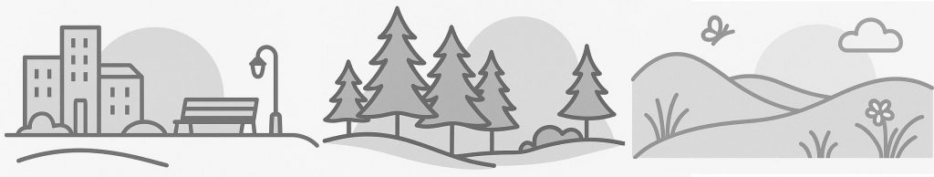 Häuser mit Parkbank, Wald und Wiese
